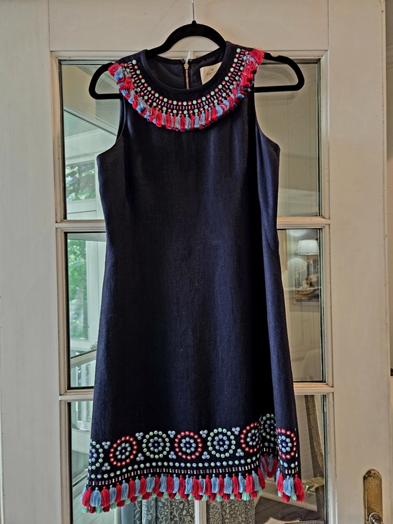kate spade Dresses & Skirts - Kate Spade, Navy Embellished Tassel Sweater with Multicolor Beading
